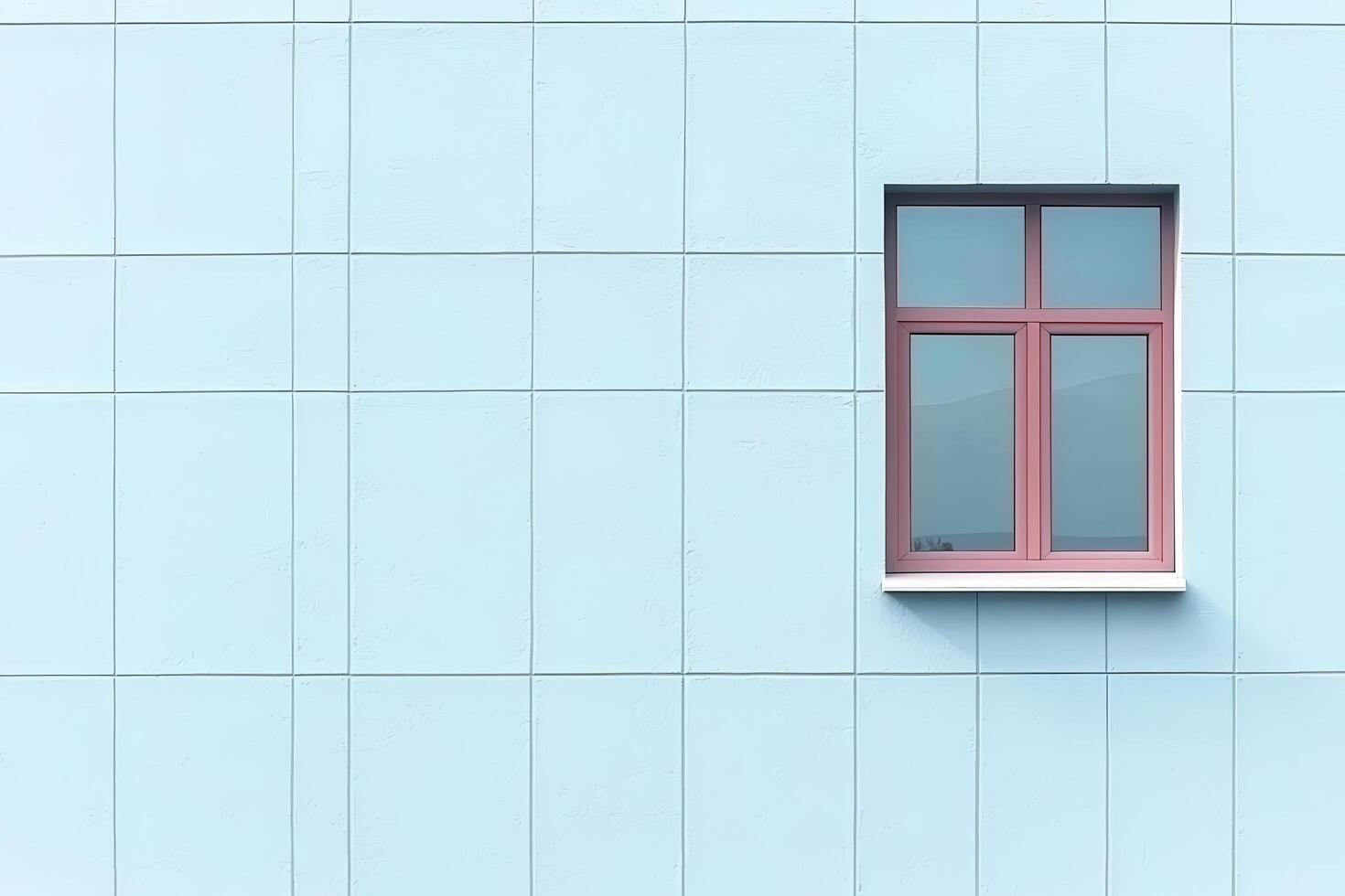 Minimalist light blue wall with single red window casting soft shadow, creating calm mood photo