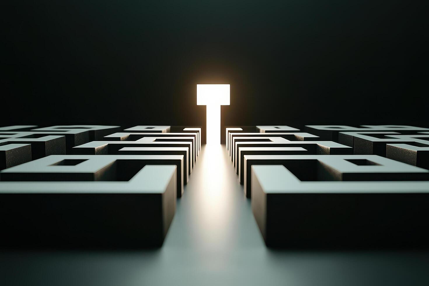 Maze with radiant exit symbolizing life problem solving and hope in darkness photo