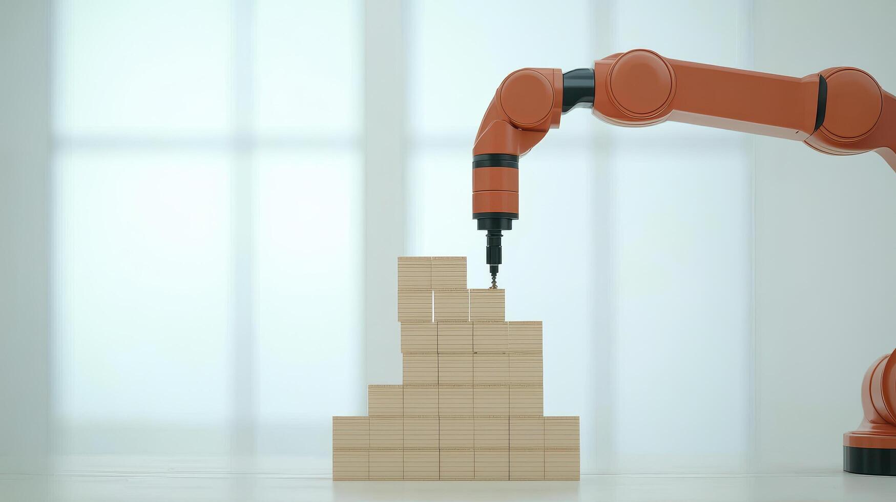 Robotic arm assembling wooden blocks in bright room showing precise construction photo