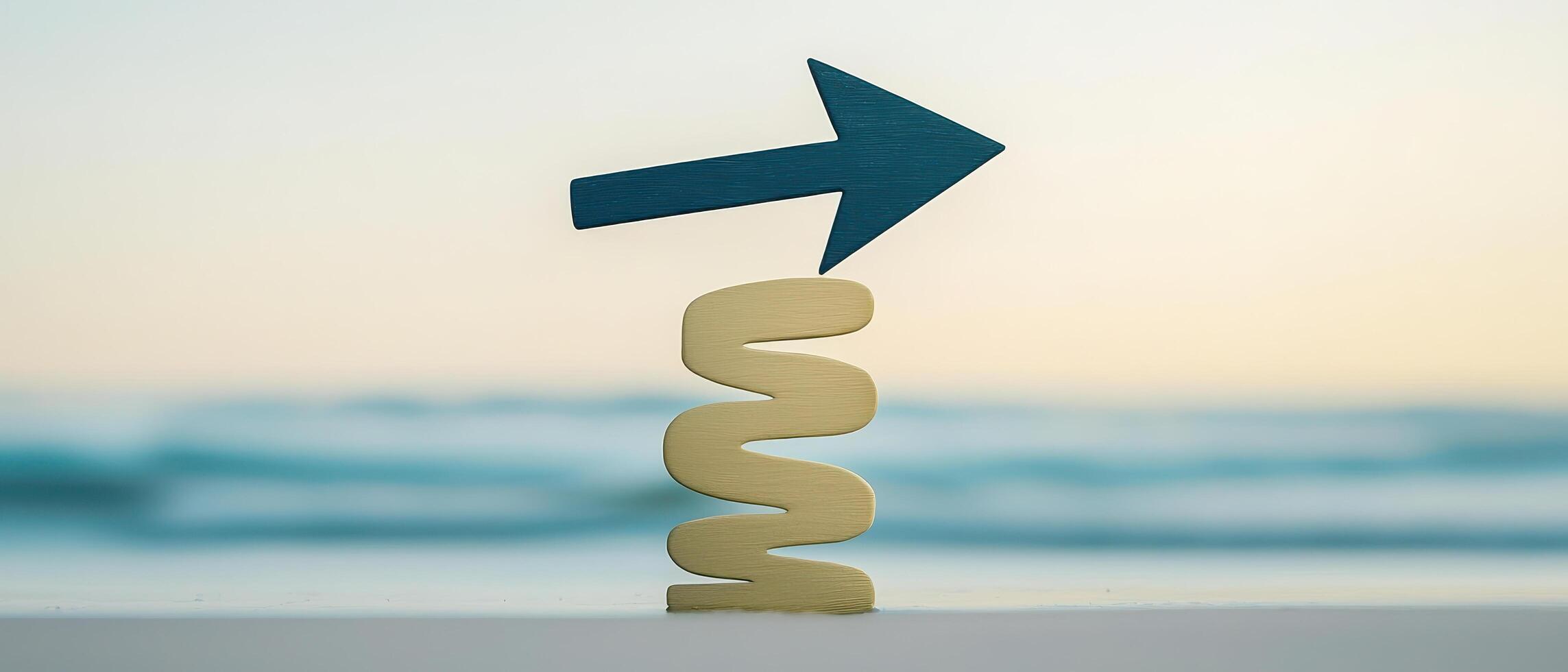 Abstract arrow symbol on beach sand with ocean background showing direction and focus photo