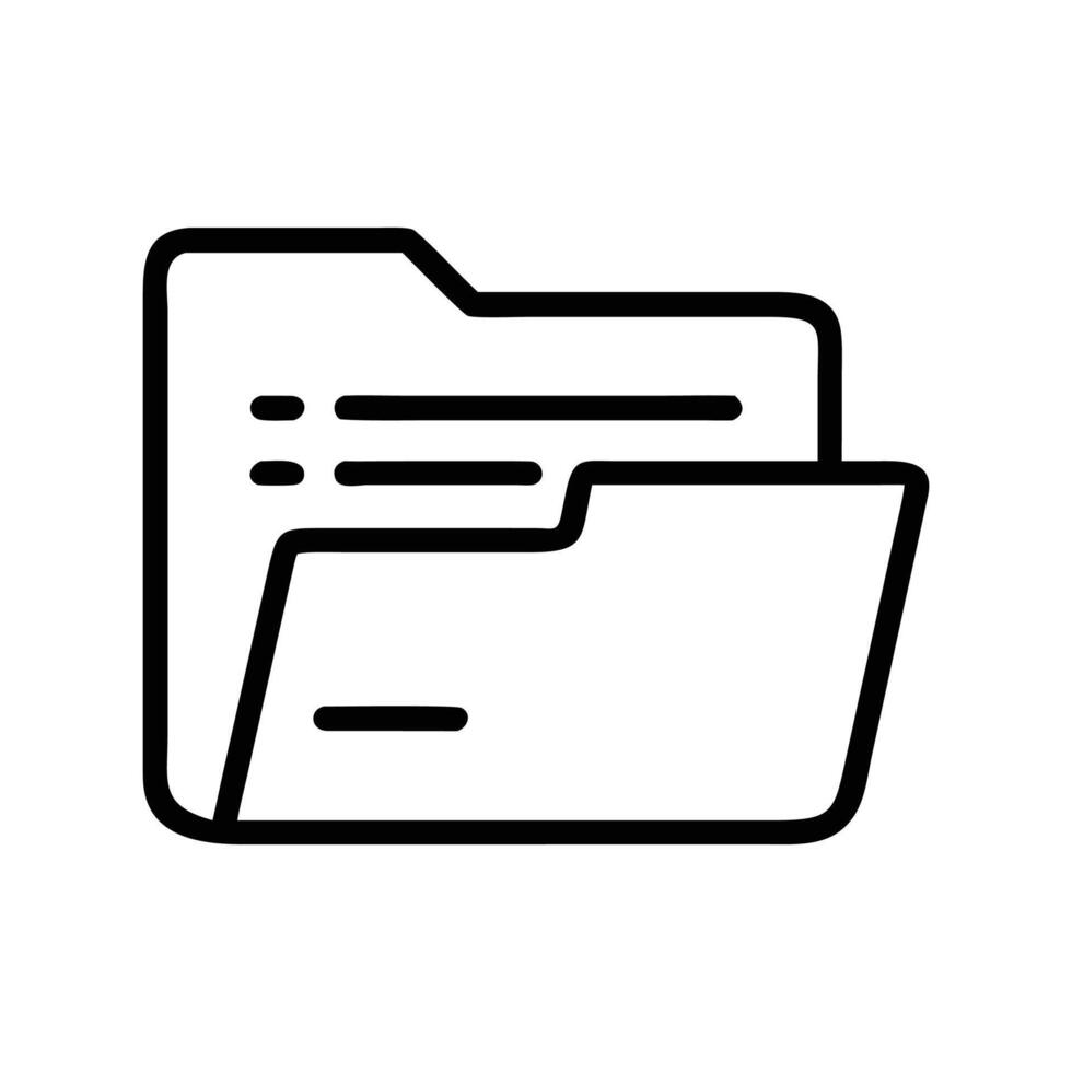 Black outline icon illustrating an open file folder with documents on transparent background vector