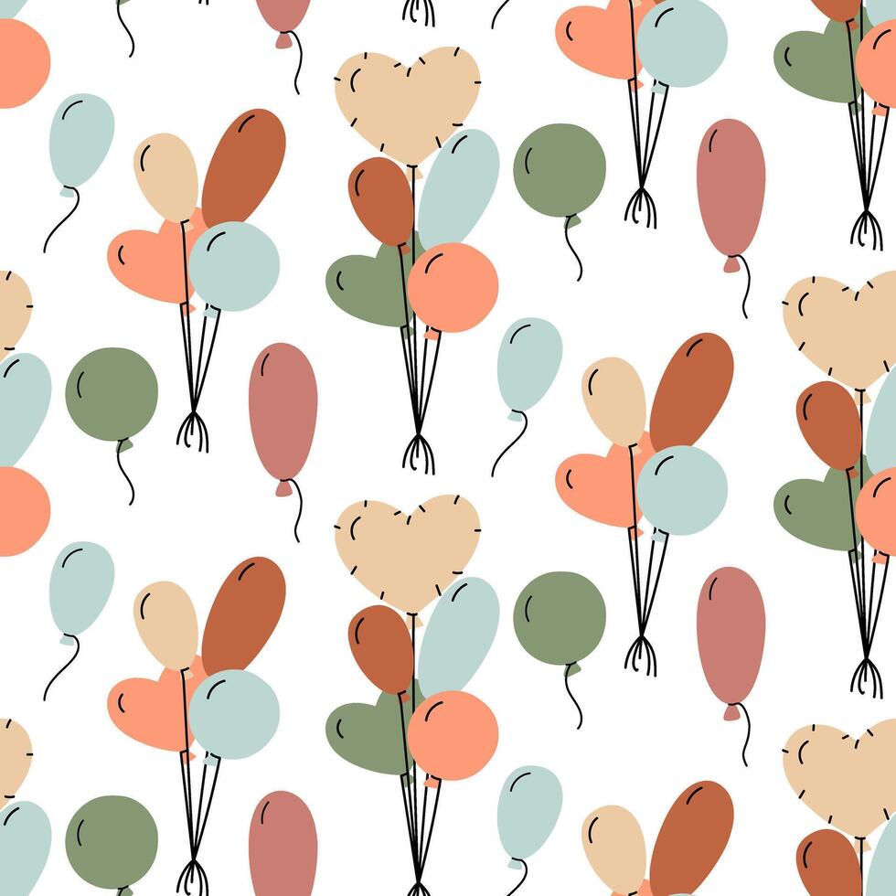 Pattern with a variety of balloons. Balloons of different shapes and colors in groups and individually. Flat color seamless texture. For a children's party. Retro style in a modern context. Children's vector