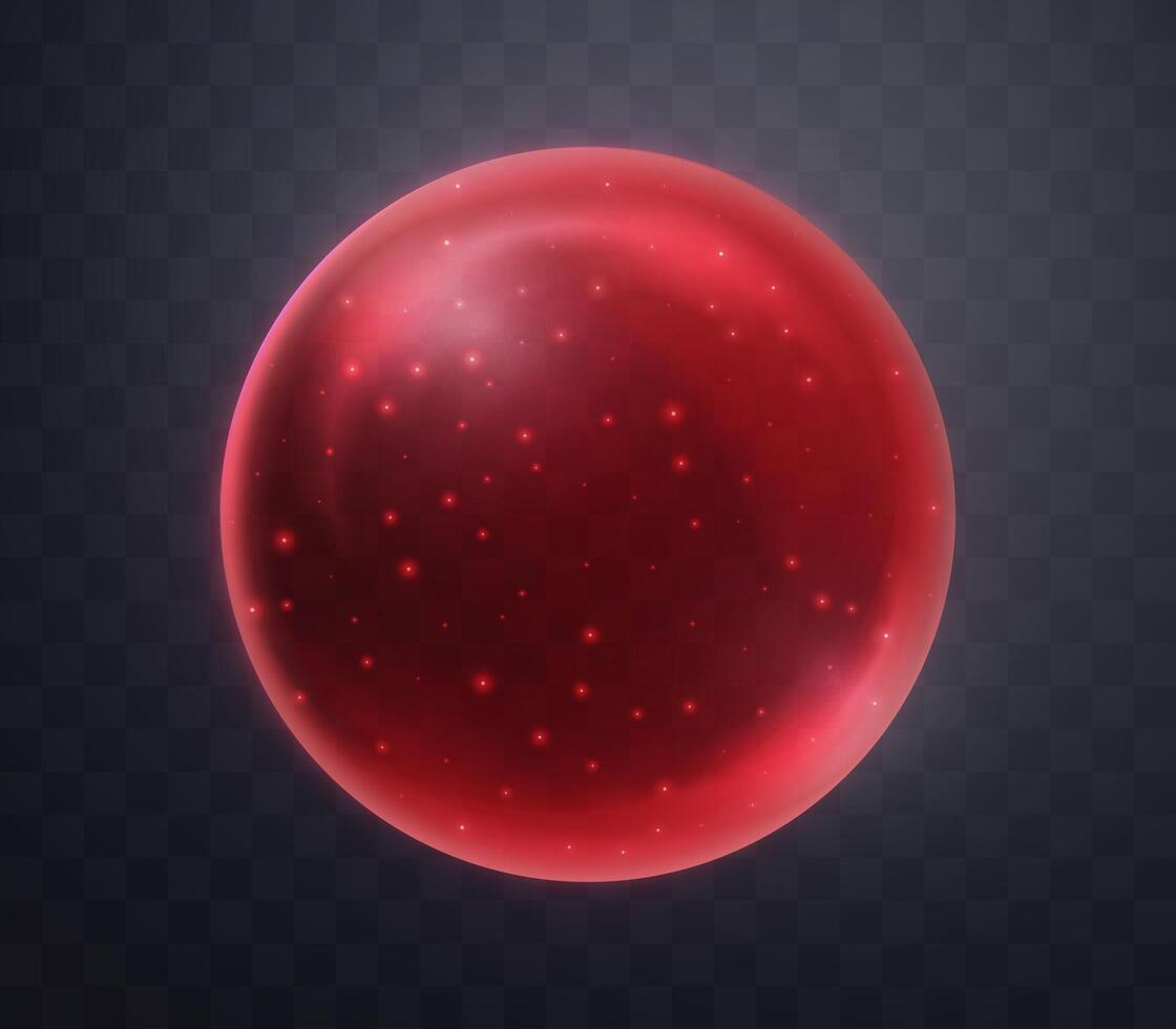 Red magic fantasy sphere. Crystal ball with glowing sparkles and particles. Energy orb with glow flare light effect. Isolated on dark background vector