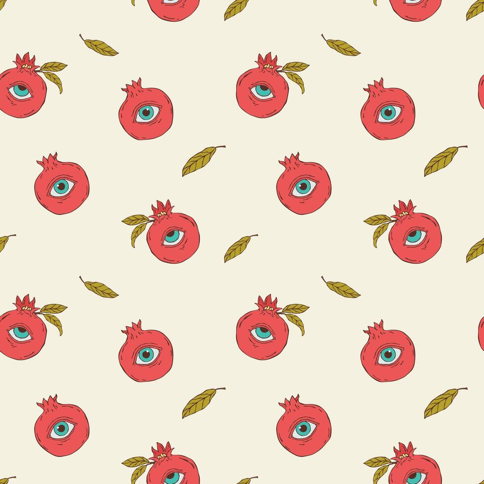 Seamless surreal pattern featuring a pomegranate with eyes. A mystical and imaginative design blending fantasy elements with minimalist line art vector