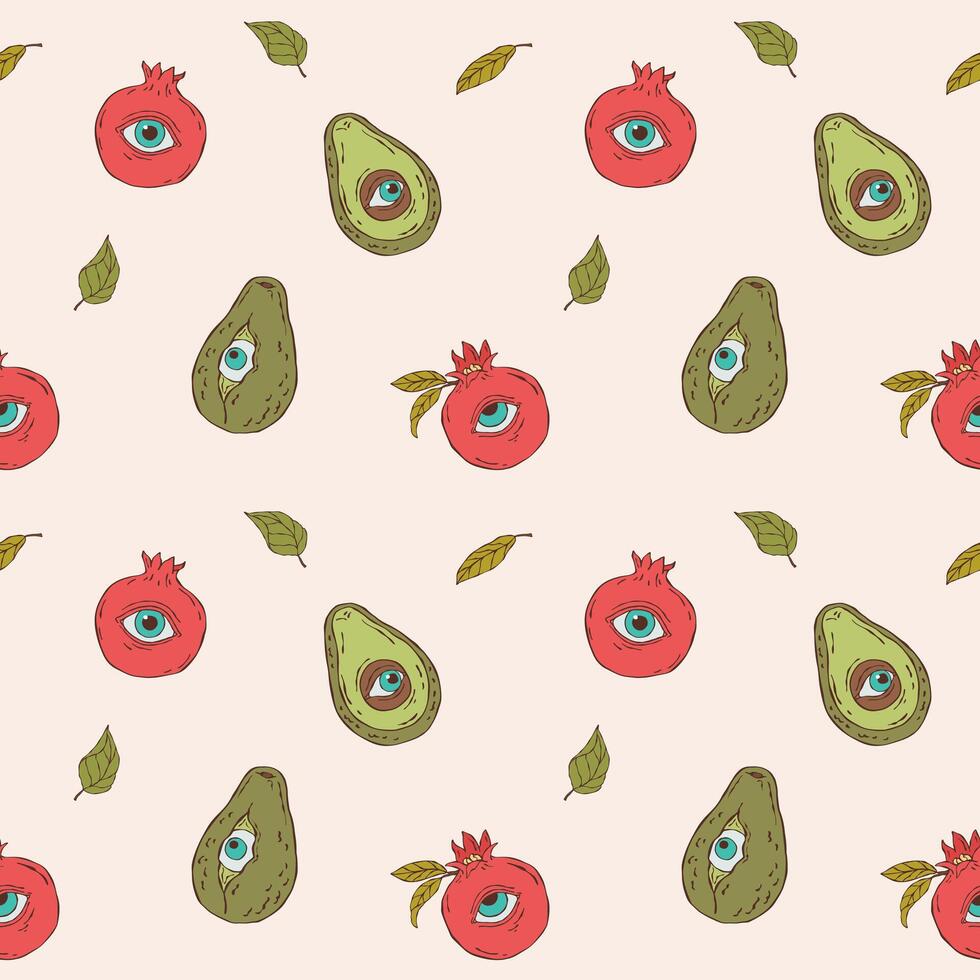 Seamless surreal pattern featuring an avocado with eyes and a pomegranate with eyes. A mystical and imaginative design combining fantasy elements with minimalist line art vector