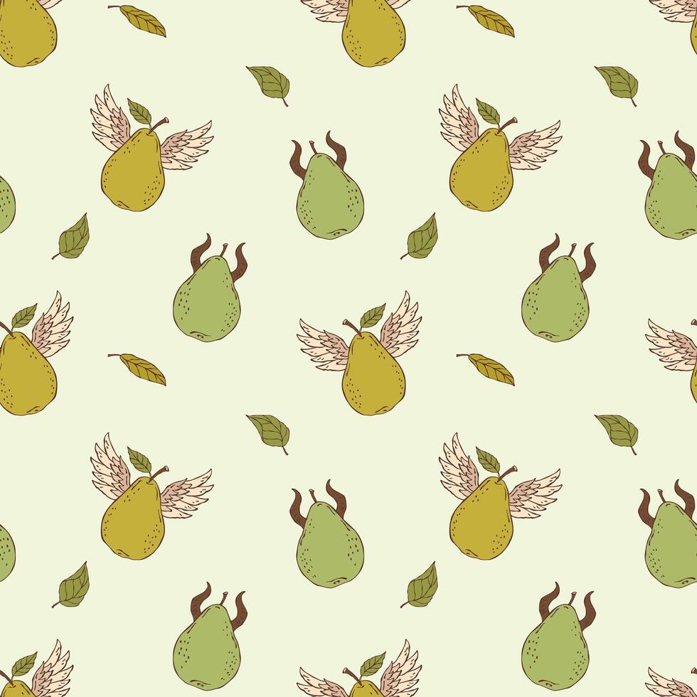 Seamless surreal pattern featuring a pear with horns and wings. A mystical and imaginative design combining fantasy elements with minimalist line art vector