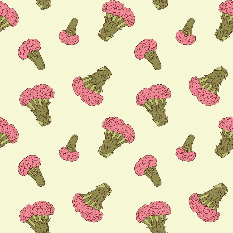 Seamless surreal pattern featuring broccoli with a brain. A quirky and imaginative design combining food and fantasy in minimalist line art style vector