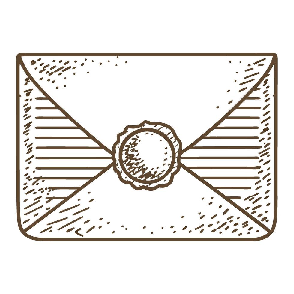 Vintage envelope with wax seal hand drawn sketch illustration of closed mail for invitations, letters, correspondence vector