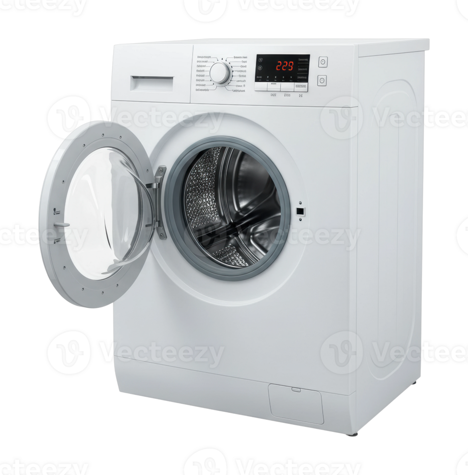 Front loading white washing machine with open door and digital display. png