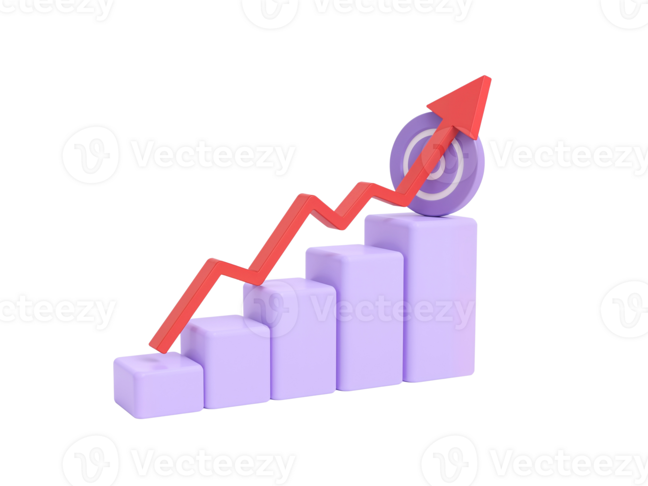Stylized rendering showcases escalating bar graph culminating in success target on isolated setting png