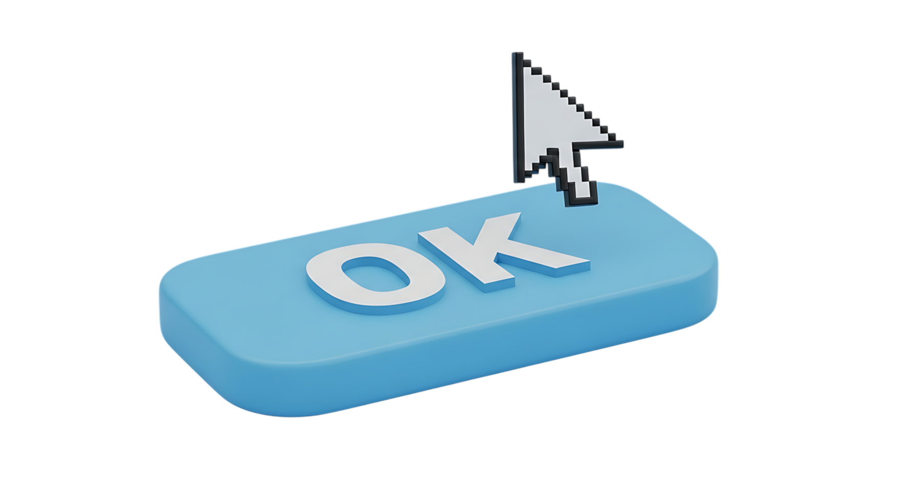 3d ilustración de computadora ratón cursor haciendo clic en un Okay botón, aislado en transparente antecedentes png