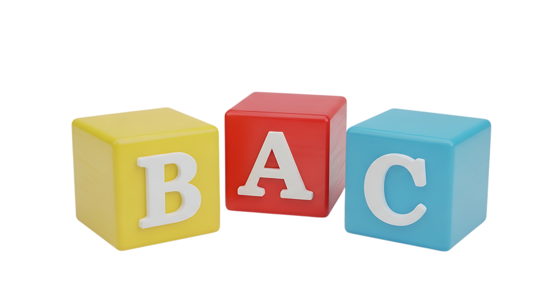 3d illustration of three colorful alphabet blocks with letters b, a, c isolated on transparent background png
