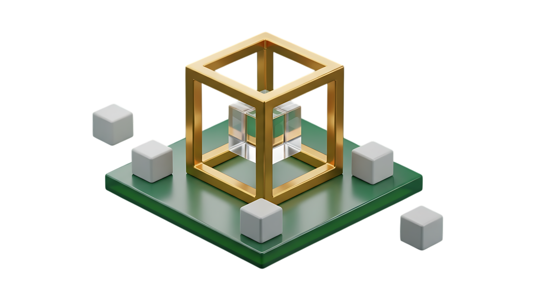 3d illustration of geometric cube structure with surrounding blocks isolated on transparent background png
