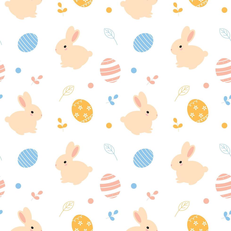 Seamless pattern with rabbits and Easter eggs on white background. Bunny pattern in beige color. vector