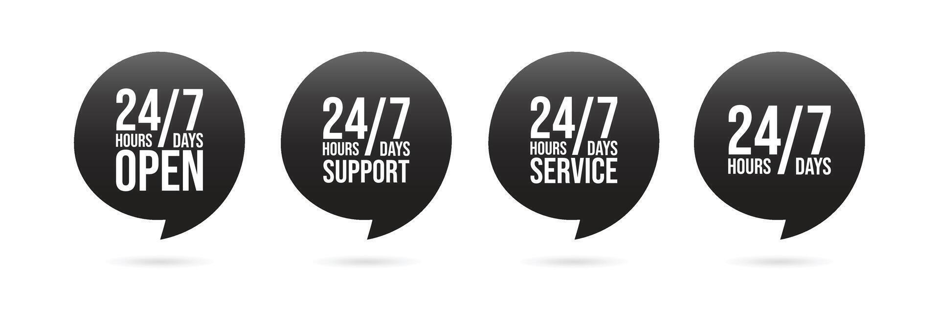 24 7 icons in black speech bubble shapes with open, support, service, and generic text representing continuous availability, customer assistance, and business operation concepts vector