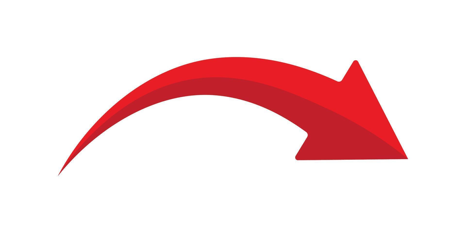 Curved red arrow pointing right, representing direction, navigation, movement, progress, and forward guidance on a clean white background. vector