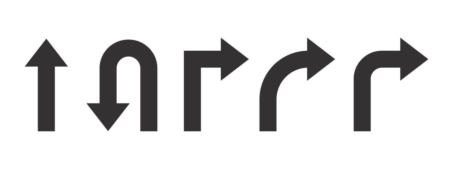 Set of black directional arrow icons showing straight, U-turn, right turn, curved right, and slight right navigation signs representing movement, guidance, and route directions. vector