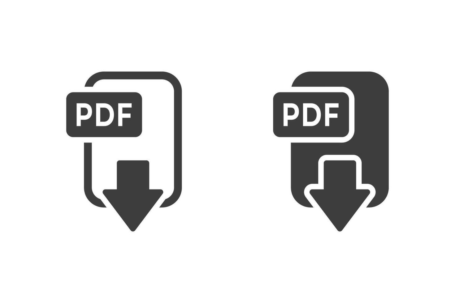 Black PDF download icons with document shape and downward arrow representing file download, digital documents, and data transfer concepts for online and software design vector