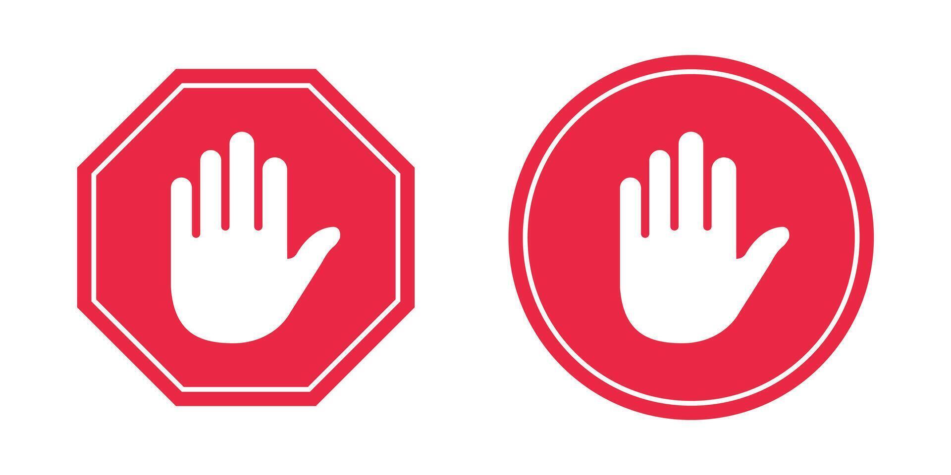Set of red stop signs with white hand symbol inside octagon and circle shapes representing warning, prohibition, restriction, and road safety concepts for regulation and control vector