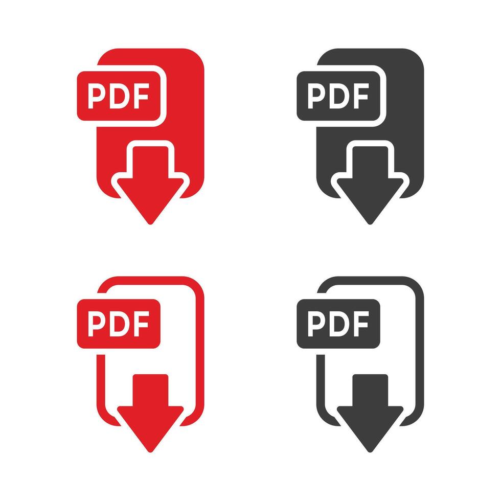PDF download icons in red and black styles with document and downward arrow symbols representing file download, digital documents, and data transfer concepts vector