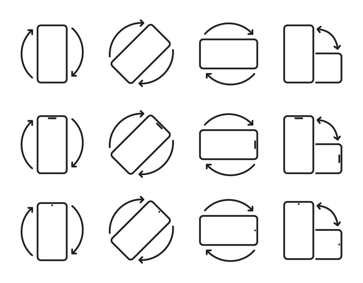 Smartphone rotation icons in multiple styles showing vertical, horizontal, and angled screen orientation changes with arrows for mobile devices, responsive design, and user interface concepts vector