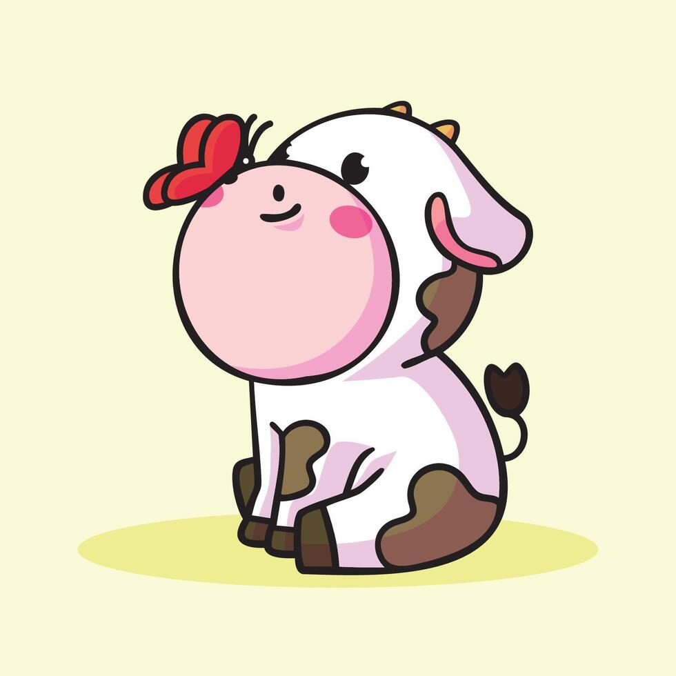 Charming Cartoon Calf with Butterfly Adornment sitting on a soft color background vector