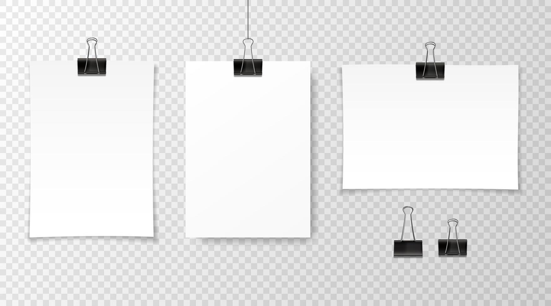 Realistic blank sheets of paper with clip hanging on paperclip. White poster or notepad page with shadow in A4 format. Design template, mockup. vector