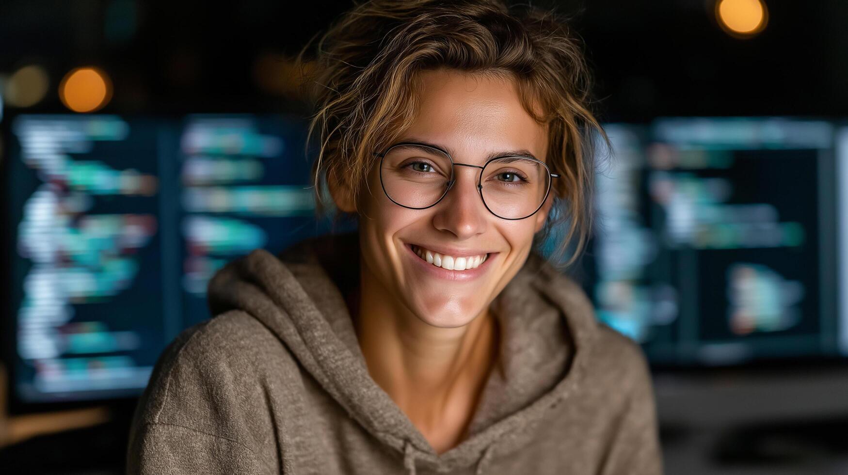 Smiling female programmer wearing glasses and hoodie, sitting in front of multiple monitors displaying code in a dimly lit workspace. photo