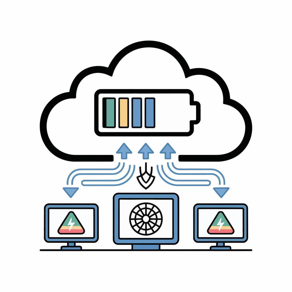 Partially Charged Battery Icon Inside a Cloud Shape Data Transferring to Two Desktop Computers Displaying Low Battery Warning Icons Energy Optimized Cloud Computing System vector