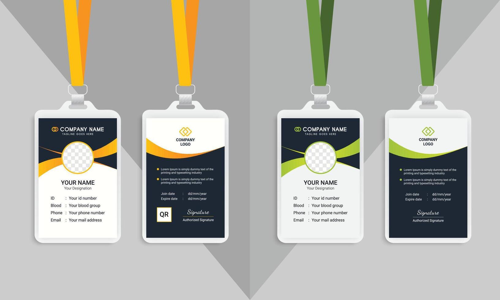 Professional identity badges with yellow and green lanyards, displaying sleek designs and empty photo slots for professional or event access vector