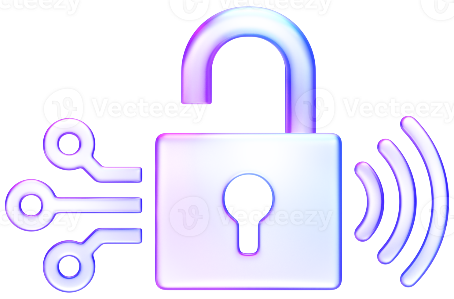 3D padlock icon with open lock, circuit lines, and wireless signal, representing cybersecurity, access control, and network security png