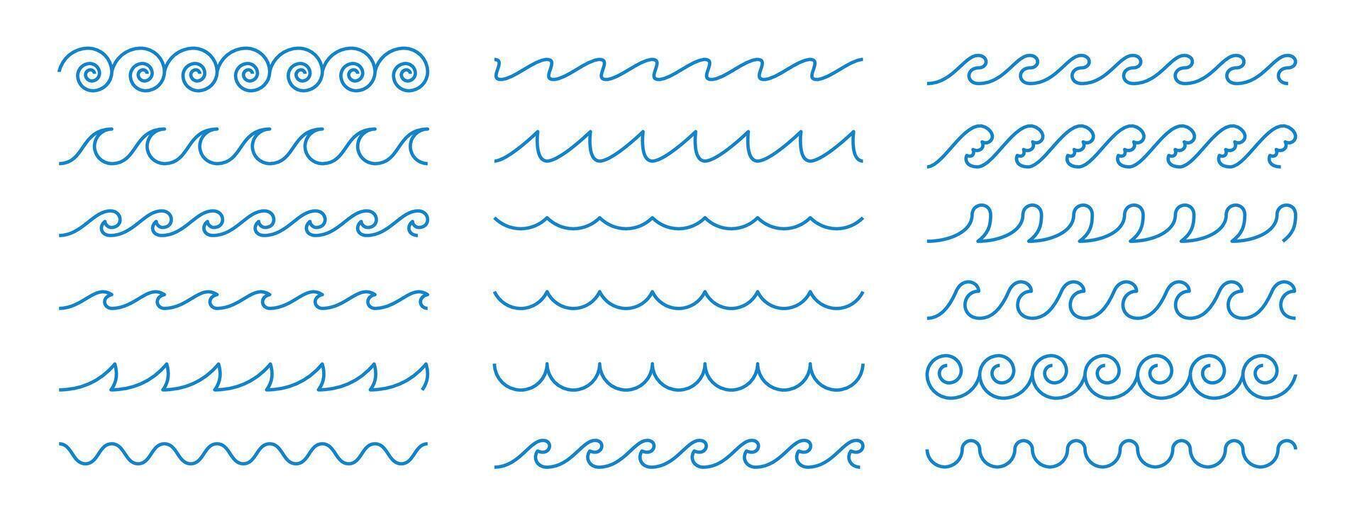 Stylized wave and water line icon set with ocean curves, flowing ripples and splash patterns. Minimal marine shapes create seamless summer design. Perfect for backgrounds or nautical art. vector