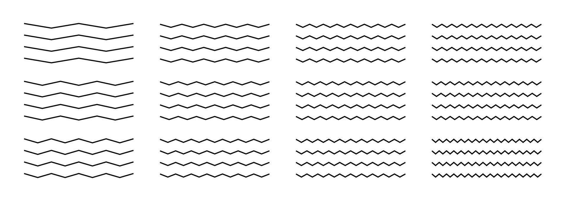 Dynamic wavy and squiggly line icons with seamless zigzag curves. Crisscross distortions and sinuous strokes add movement and texture. Ideal for patterns or waveform dividers. vector
