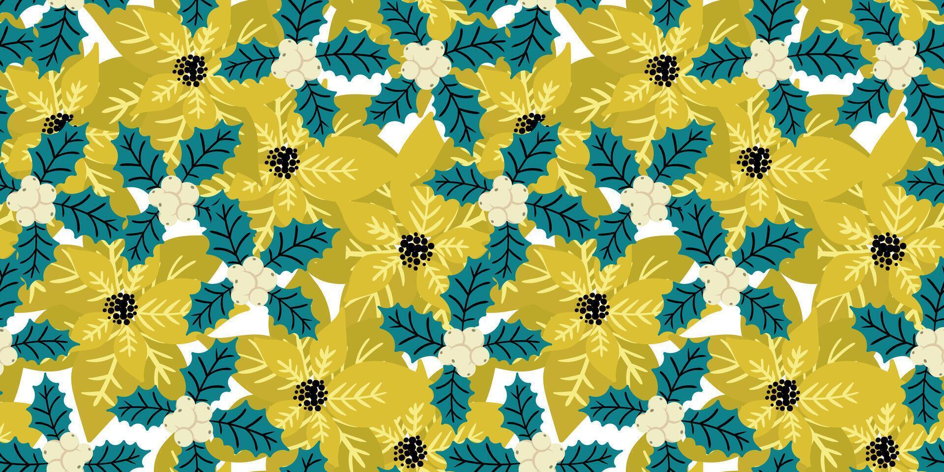 festive repeat pattern with abstract poinsettia and holly branches for wrapping paper textile prints and home decor vector