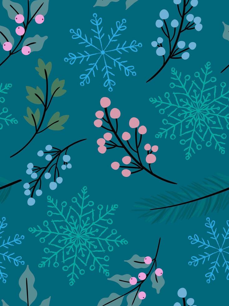 snowflakes winter seamless pattern with branches and berries on dark emerald background illustration for wrapping paper fabric stationery vector