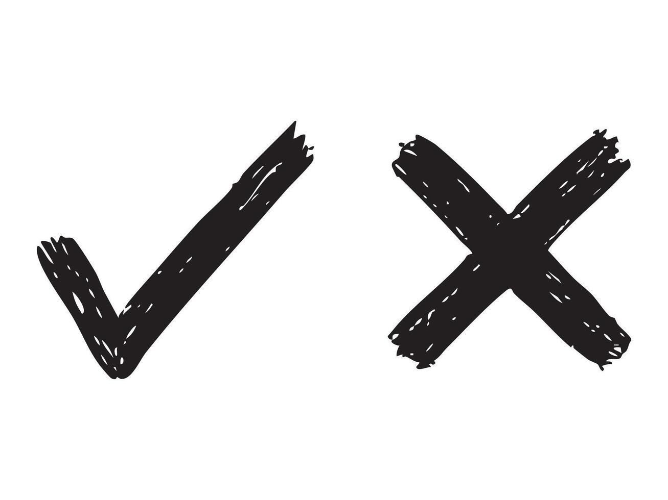 Black hand drawn check mark and cross mark icons isolated on white background. Concept of user interface elements, correct and incorrect symbols, grunge design style, approval and rejection signs vector