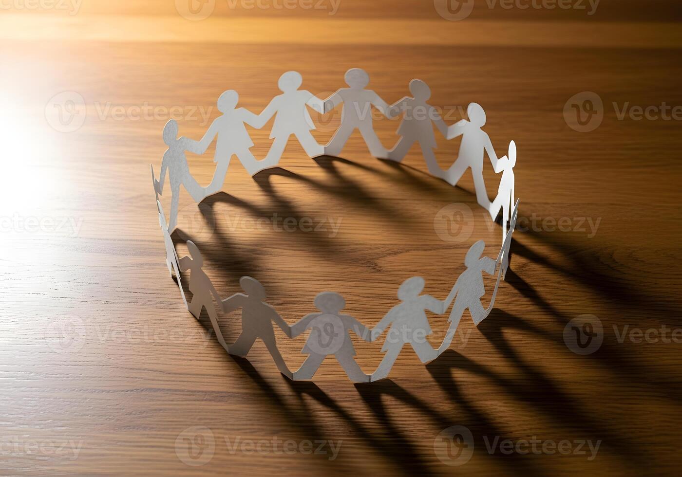 Paper chain people cutouts arranged in a circle on wooden surface symbolizing unity and teamwork, high-resolution image with crisp edges and natural lighting photo