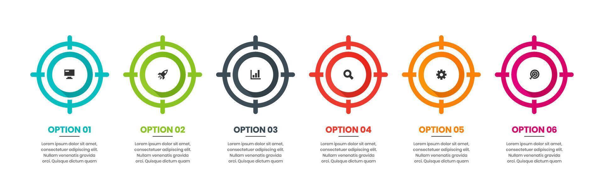 Target Infographic Element Design Templates with Icons and 6 Options. Suitable for Process Diagram, Presentations, Workflow Layout, Banner, Flow Chart, Infographic vector