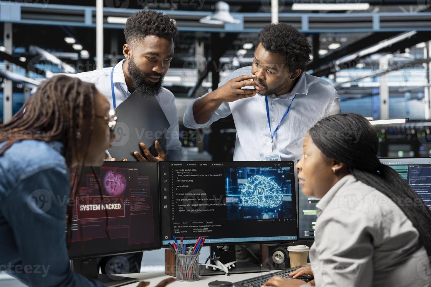Technicians in AI server hub brainstorm ways to defend against hacker attack stealing sensitive data. Data center coworkers discussing how to protect gear against virus during security breach photo