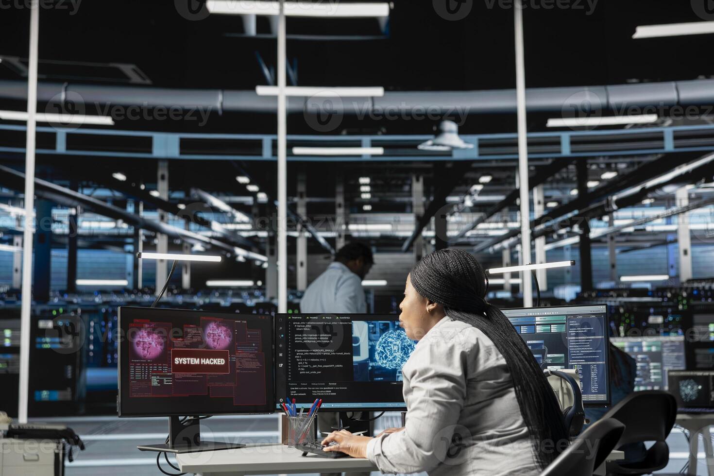 Artificial intelligence data center system administrator disturbed by virus breaching security. African american woman in AI server hub afraid by hacker attack stealing sensitive information. photo