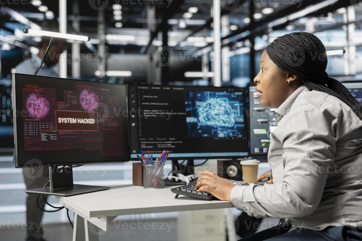 Computer scientist in AI server hub afraid by hacker attack stealing sensitive information. Artificial intelligence data center employee disturbed by ransomware virus during security breach photo