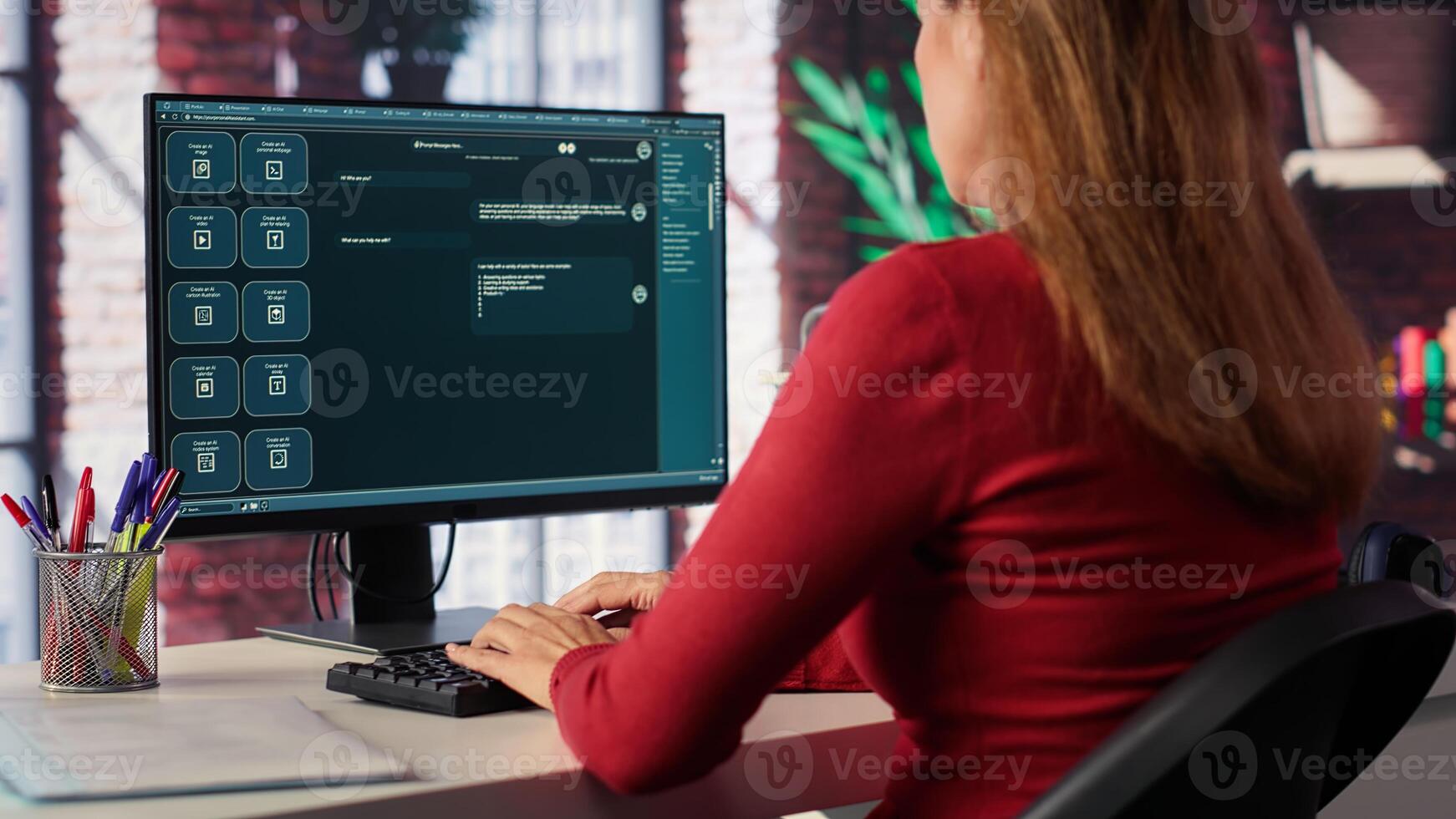 Online interaction with an AI chatbot system on a desktop setup, woman using technology evolution, virtual assistance and automated dialogue for data driven productivity and innovation. Camera A. photo