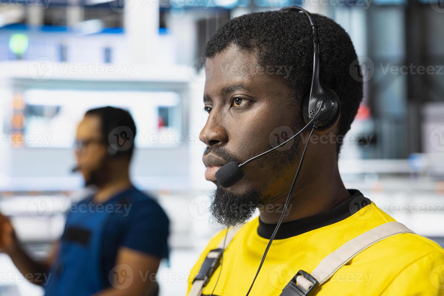 Helpline operator troubleshooting errors in solar production systems, employee providing support for photovoltaic malfunctions or technical issues in renewable energy industrial factory. photo