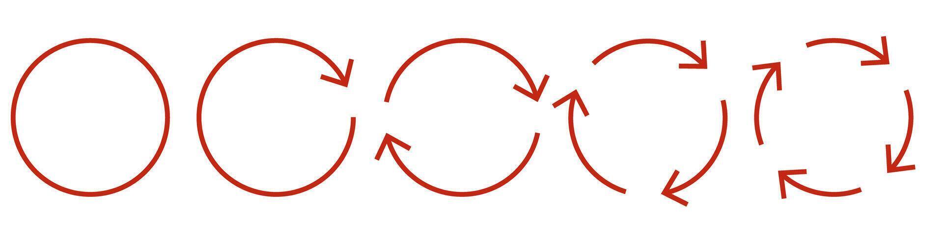 Set of red circular arrow icons. Rotation and cycle symbols for infographic, process diagram, reload, repeat, and synchronization concepts. Simple flat design with rounded arrows. vector