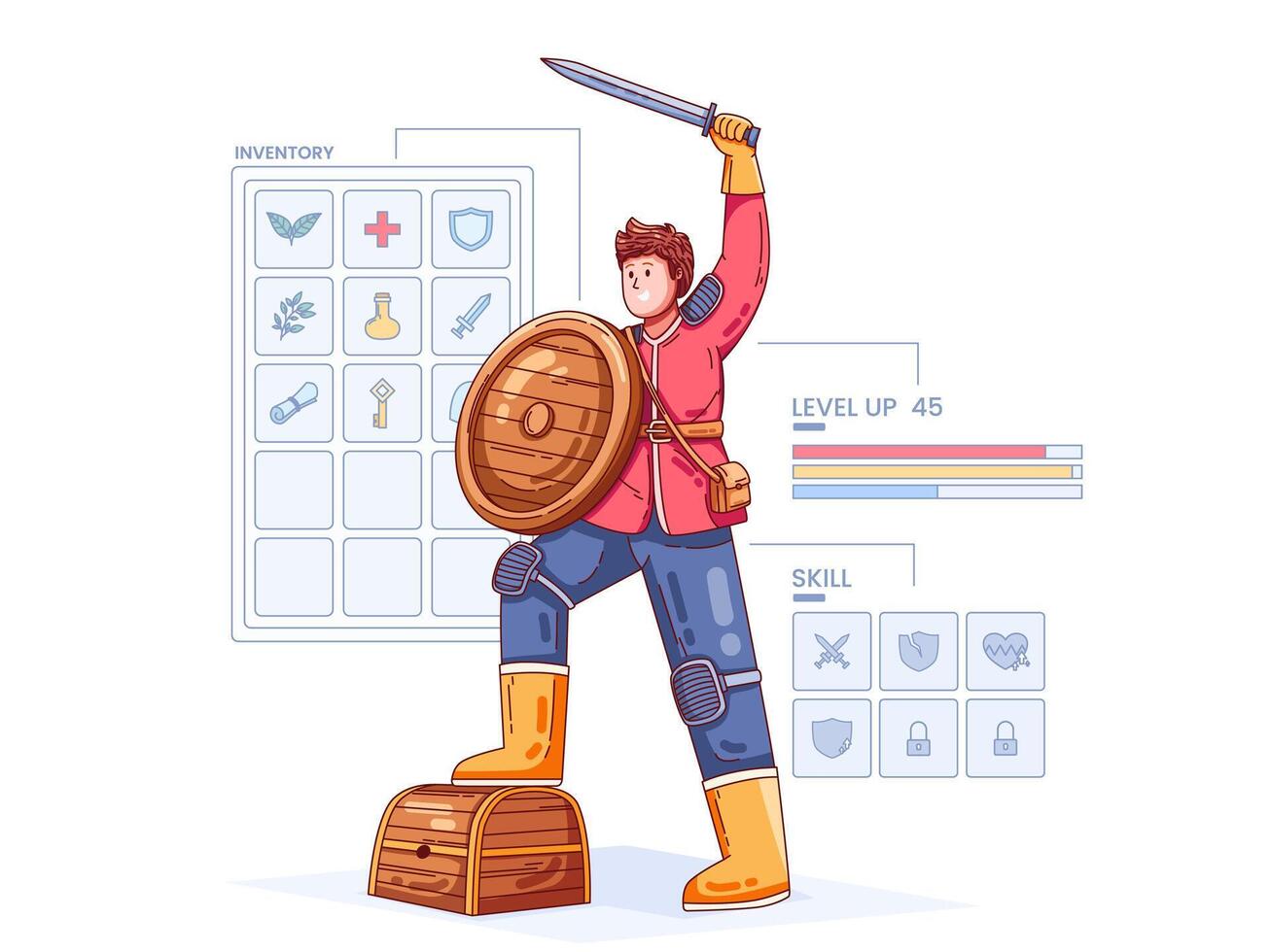 illustration of RPG game, depicted character standing triumphantly on a treasure chest while holding a sword and shield. Behind the character an RPG-style HUD displays inventory, skill icon, and etc vector