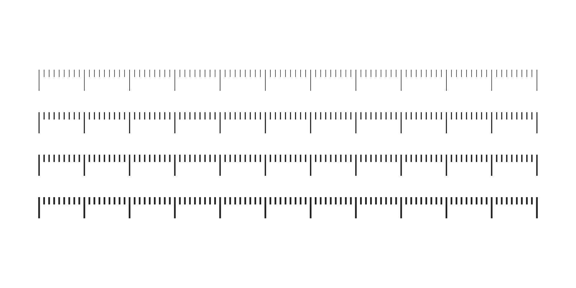 Ruler scale icons with measurement markings in various styles, representing length, distance, precision, and measuring tools on a white background vector
