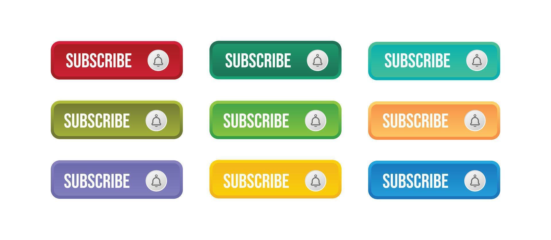 Subscribe buttons with bell icons, displayed in various color variations, representing online subscription, notifications, alerts, and channel following on a white background vector