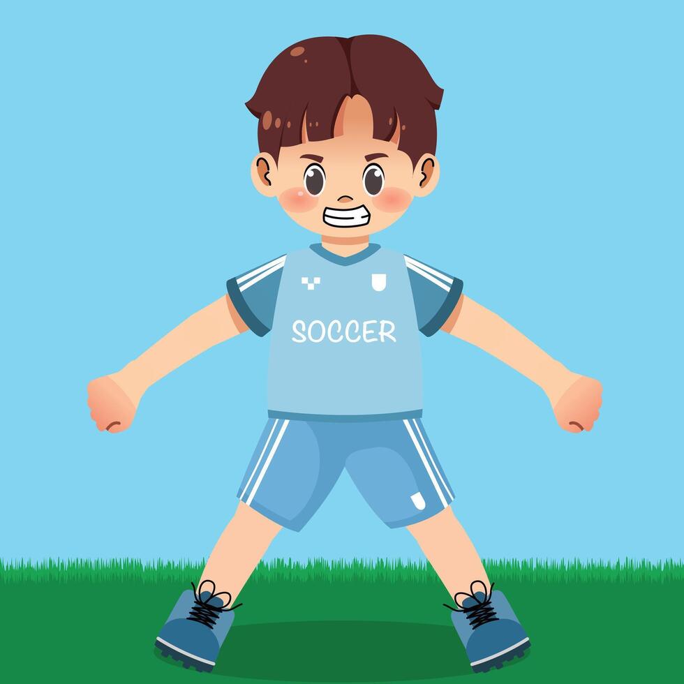 A boy in a soccer uniform is standing on the field vector
