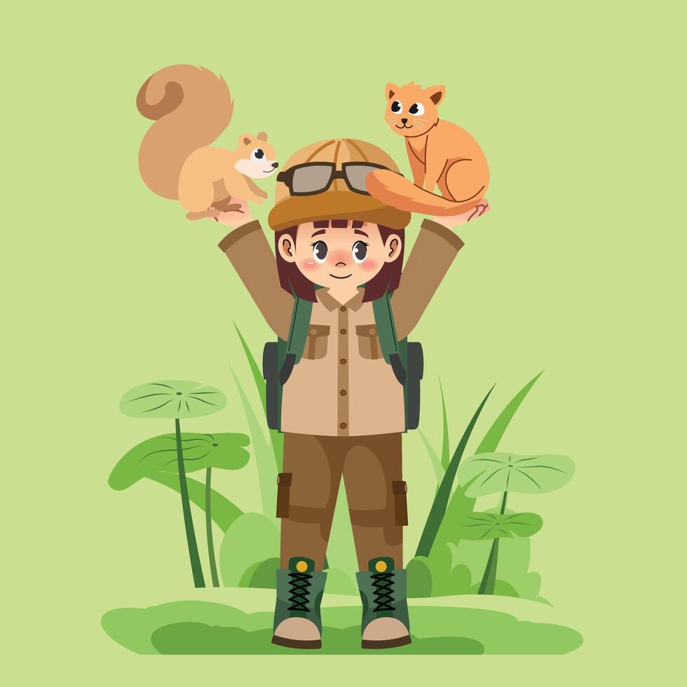 Child with squirrel and cat on shoulders vector