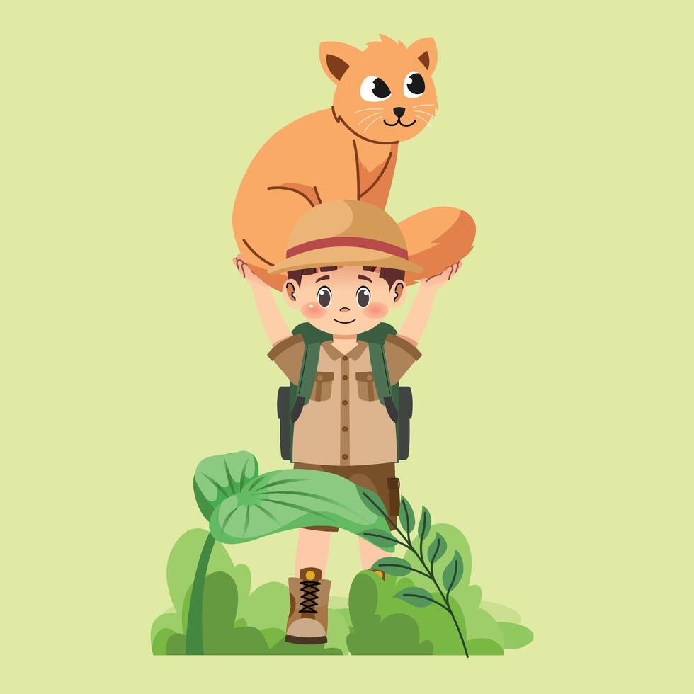 Boy with cat in jungle vector